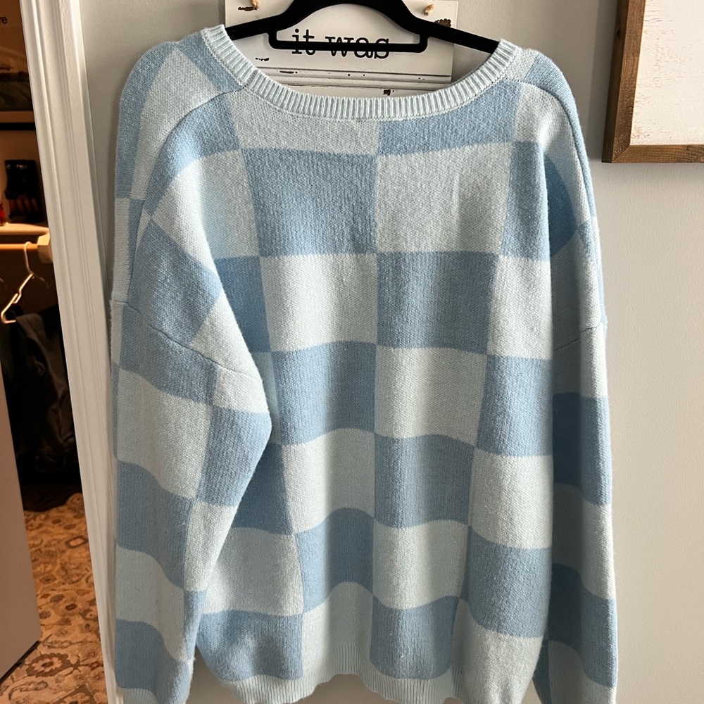Chic Soul Blue Checkered Knit Sweater